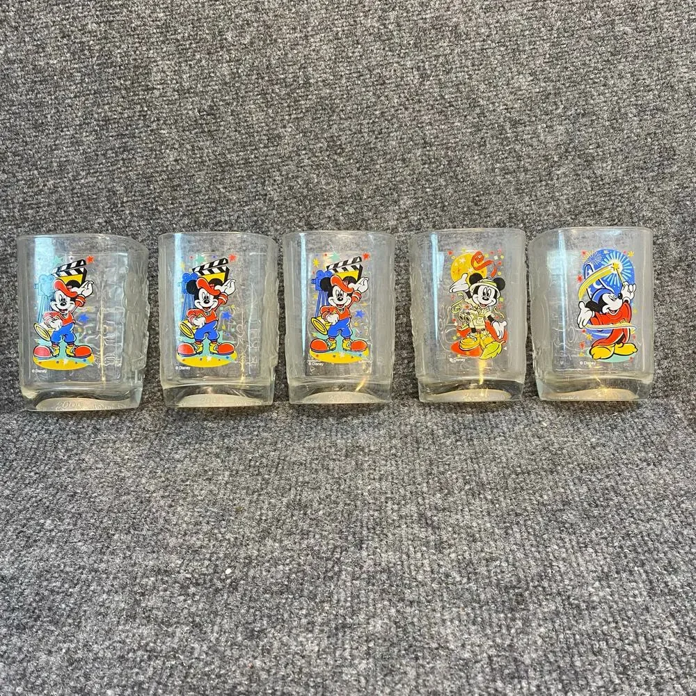 Vintage Set of 5 Mcdonalds Disney Mickey Mouse Magic Glass Tumblers Rare 2000